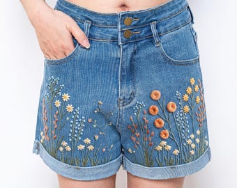Orange Rosette Wildflower Embroidered Denim Shorts Women, Cottagecore High Waisted Jean Shorts Summer Outfit