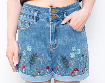 Mushroom Clover Embroidered Denim Shorts Women, Woodland Cottagecore High Waisted Jean Shorts Summer Outfit