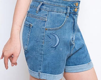 Blue Celestial Moon Embroidered Denim Shorts Women, Tonal Star High Waisted Jean Shorts