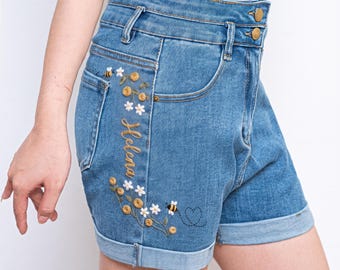 ヘレナ・ビー・デイジー刺繍入りデニムショートパンツ（レディース）、カスタムハイウエストジーンズショートパンツ