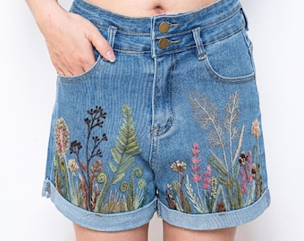 Fern Meadow Wildflower Embroidered Denim Shorts Women, Cottagecore High Waisted Jean Shorts Outfit