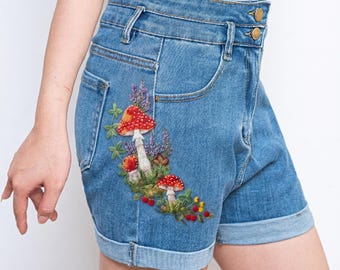 Mushroom Lavender Embroidered Denim Shorts Women, Woodland Cottagecore High Waisted Jean Shorts Summer Outfit