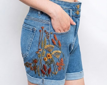 Rust Autumn Wildflower Embroidered Denim Shorts Women, Fall Cottagecore High Waisted Jean Shorts Outfit