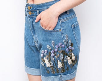 Lavender Wildflower Embroidered Denim Shorts Women, Cottagecore High Waisted Jean Shorts Summer Outfit