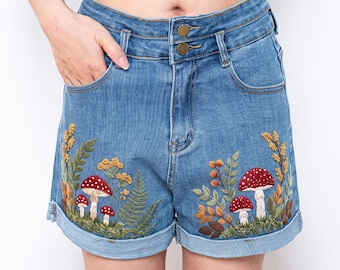 Mushroom Fern Embroidered Denim Shorts Women, Woodland Cottagecore High Waisted Jean Shorts Fall Outfit