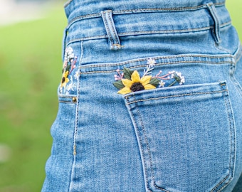 Handgemachte Blumen bestickte Denim Jeans, Sonnenblume Design
