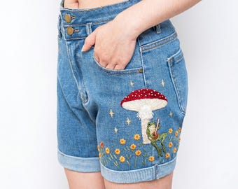Frog Mushroom Embroidered Denim Shorts Women, Fairycore Woodland High Waisted Jean Shorts Summer Outfit