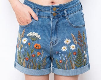 Poppy Daisy Wildflower Embroidered Denim Shorts Women, Cottagecore High Waisted Jean Shorts Summer Outfit
