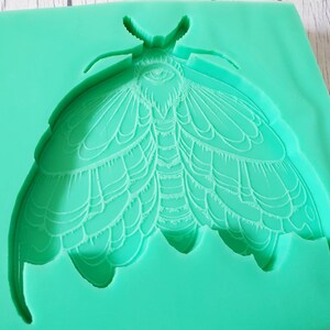 Puede incluir: Un molde de silicona verde con forma de polilla con alas detalladas y un gran ojo en el centro.