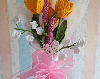 Crocheted Bouquet Spring Flowers Small Bouquet Tulips Lilac Gift for Mothers Gift Idea Home Decor
