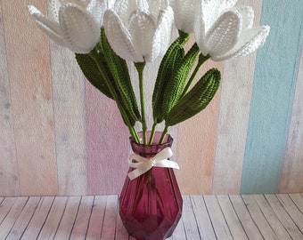 Crocheted tulips in white bouquet decoration gift 5 pieces WITHOUT vase