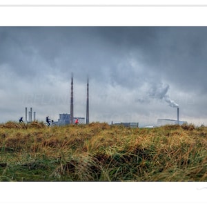 Bull Island Clontarf view of the Poolbeg Chimneys. Poolbeg Towers photograph and Dollymount dunes. Northside of Dublin Gift