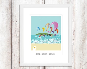 Kite Surfers at Rush South Beach Co Dublin with Lambay Island Ireland Limited edition Print for your wall size A4 or A3