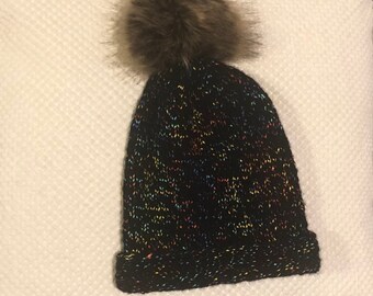 Handmade Hand-Knitted Rainbow Design Winter Hat/Beanie With Pompom
