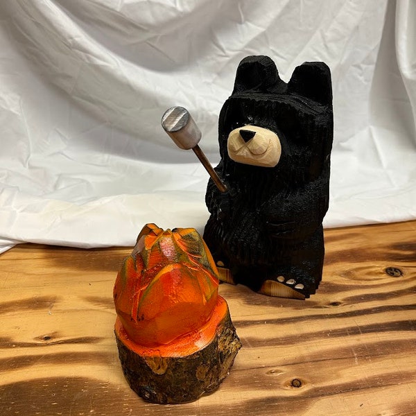 1- 10 Inch Critter Campfire Roasting Marshmallows, Bear, Moose, Beaver, Raccoon Wood Chainsaw Carving