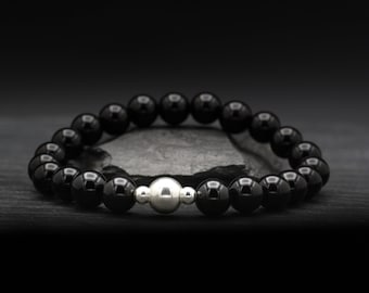 Bracelet en onyx noir et argent sterling avec perles de pierres précieuses de 8 mm