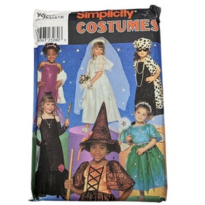 May include: Simplicity Costumes sewing pattern for children's Halloween costumes. The pattern includes five different costumes: a bride, a witch, a fairy, a dalmatian, and a princess. The pattern is printed on a white background with a blue border.