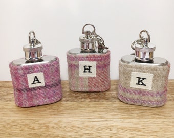 Initial 1oz Tweed Mini Hip Flask Keyring - Tweed Keyring - Initial Keyring - Secret Santa Gift - Stocking Filler Gift