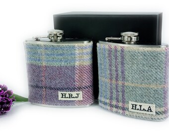 Set of 2 Personalised Tweed Hip Flasks - Bridesmaid Thank You Gift - Bridesmaid Hip Flasks - Bridal Party Hip Flasks - Ladies Hip Flasks