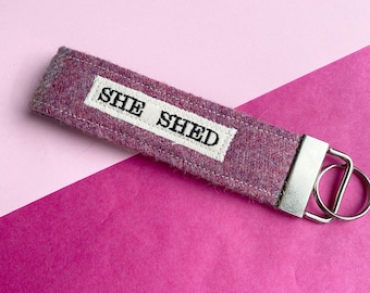 She Shed Tweed Wristlet Fabric Keyring - She Shed - She Shed Keyring - Tweed Keyfob - Tweed Keyring