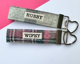 Hubby & Wifey Keyrings - Couple Keyrings - Anniversary Keyrings - Valentines Gift - Anniversary Gift - Wedding Gift - Tweed Keyring