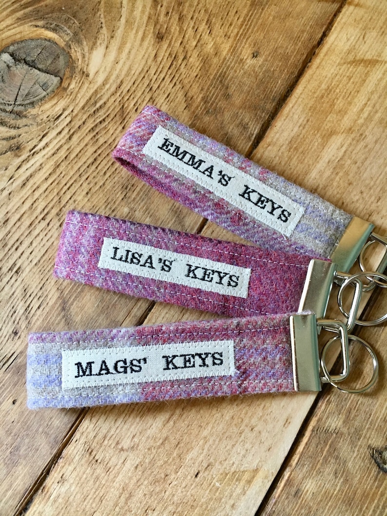 Customised Tweed Keyring Personalised Tweed Wristlet Keyring Customised Keychain Personalised Keyfob Gift for Friend Name Keyring image 1