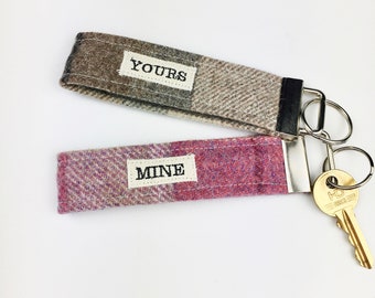 Yours & Mine Tweed Wristlet Keyring - Couple Keyring - New Home Gift for Couple - Wool Anniversary for Husband - Wool Anniversary for Wife