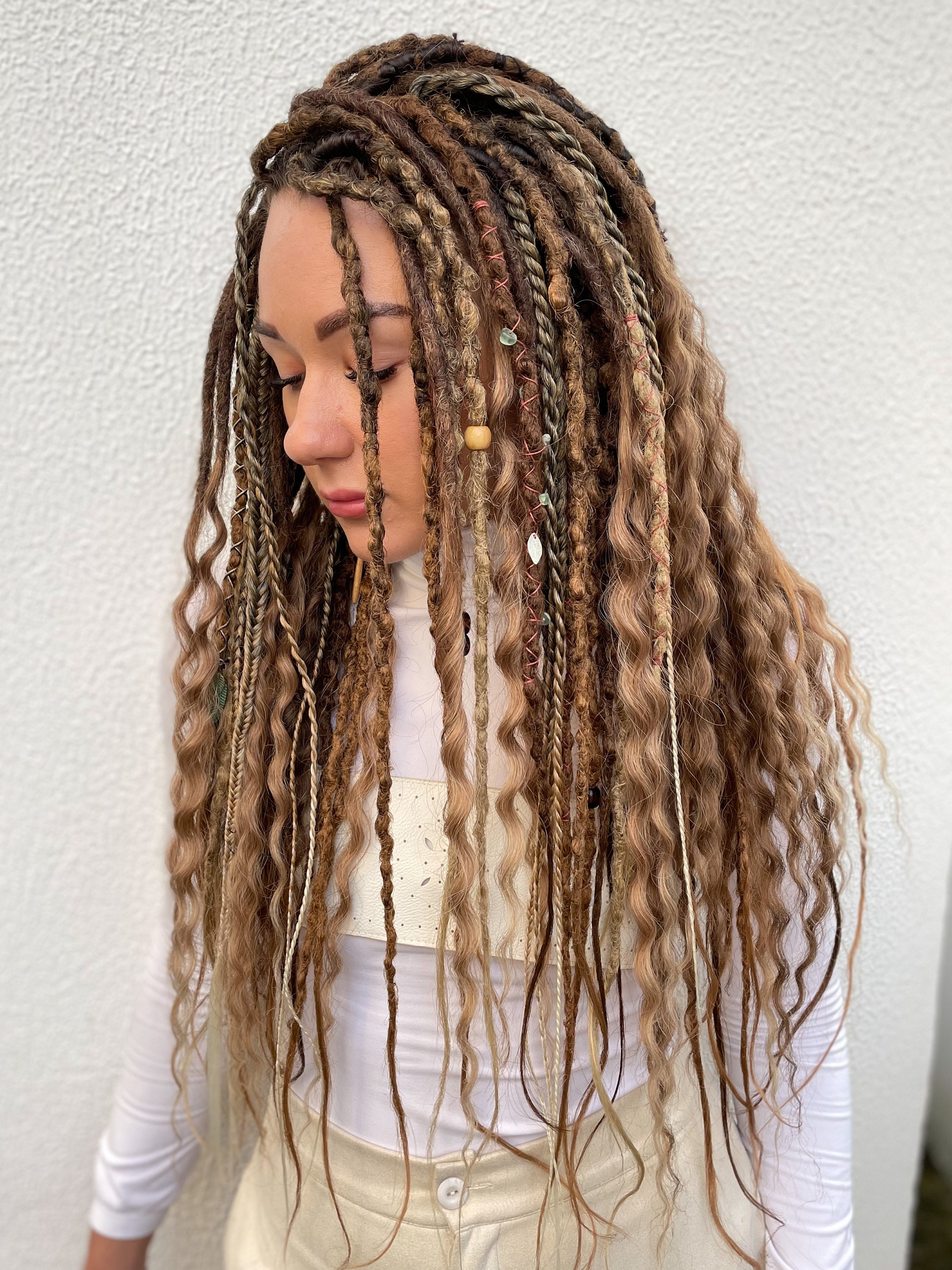 Synthetic Dreads, Bohemian Set Dready Waves, Natural Reddish Blonde,  Copper, Light Brown Dreadlocks With Accessories, Pendants, Boho Style 