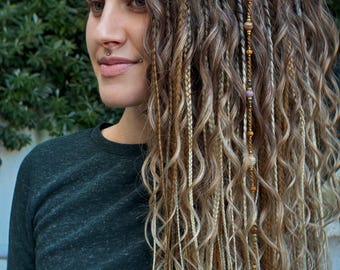 Honey Blonde Ombre, Light Brown Synthetic Dreadlocks: Curly Boho Dreads Extensions with Pendants