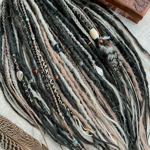 synthetic dreads, Night forest whisper, synthetic crocheted dreadlocks natural dark brown, dirty blond, ash blond shades with accessories