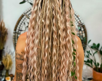 Dreadlocks, rose moon set, Synthetic Dreads and braids, dready waves,pale pink, pinkish blonde ombre with accessories, boho hairstyle