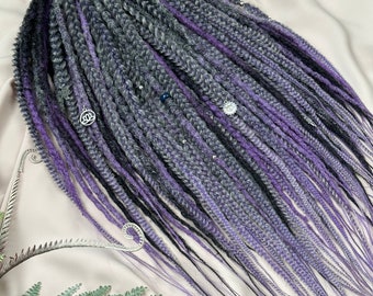 Ready to ship! Amethyst mist set, Synthetic braids and dreads mix, purple, black, lilac, grey, dreadlocks with accessories, pendants