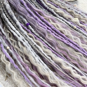Curly mix, lavender Synthetic Dreads, dready waves, light brown and ash blonde ombre, lavender shades dreadlocks extensions with accessories