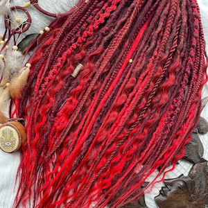 Dreadlocks, red ruby set, Synthetic Crochet Dreads and braids, dready waves, red, burgundy dreadlocks with accessories, boho hairstyle