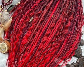 Dreadlocks, red ruby set, Synthetic Crochet Dreads and braids, dready waves, red, burgundy dreadlocks with accessories, boho hairstyle