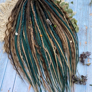 Norwegian Forest set, Curly mix, Synthetic Dreads, dready waves,dark brown, emerald dreadlocks with accessories, pendants