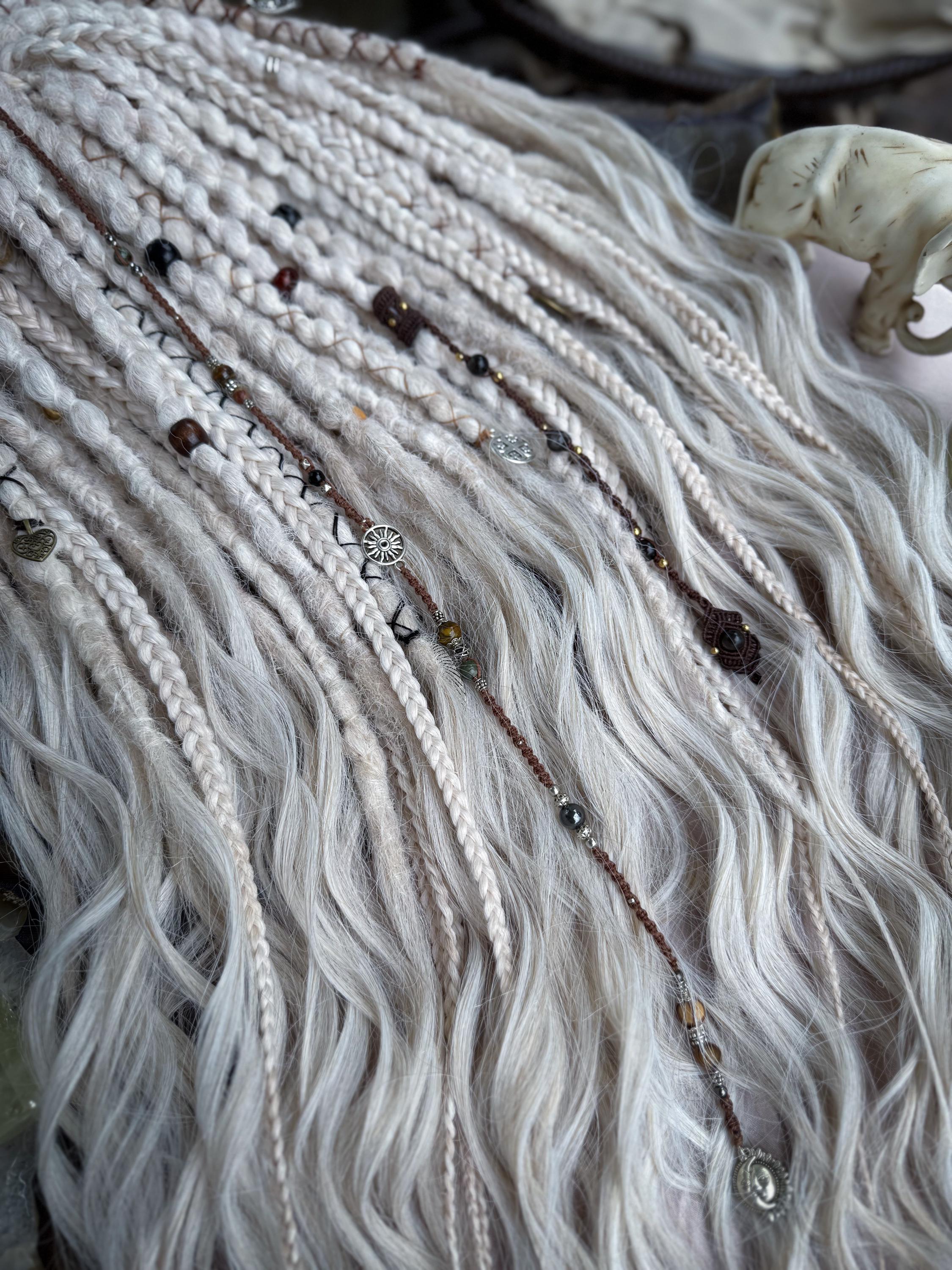 Synthetic Dreads, Rhinestone set, snow white blond Crocheted dreadlocks extensions with long loose ends, with accessories, bohemian, boho