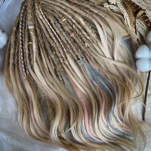 Synthetic dreads, coconat water set , natural blonde crocheted dreadlocks extensions with with a strand of loose hair at the end SE or DE