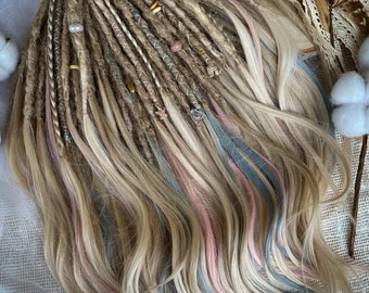 Synthetic dreads, coconat water set , natural blonde crocheted dreadlocks extensions with with a strand of loose hair at the end SE or DE