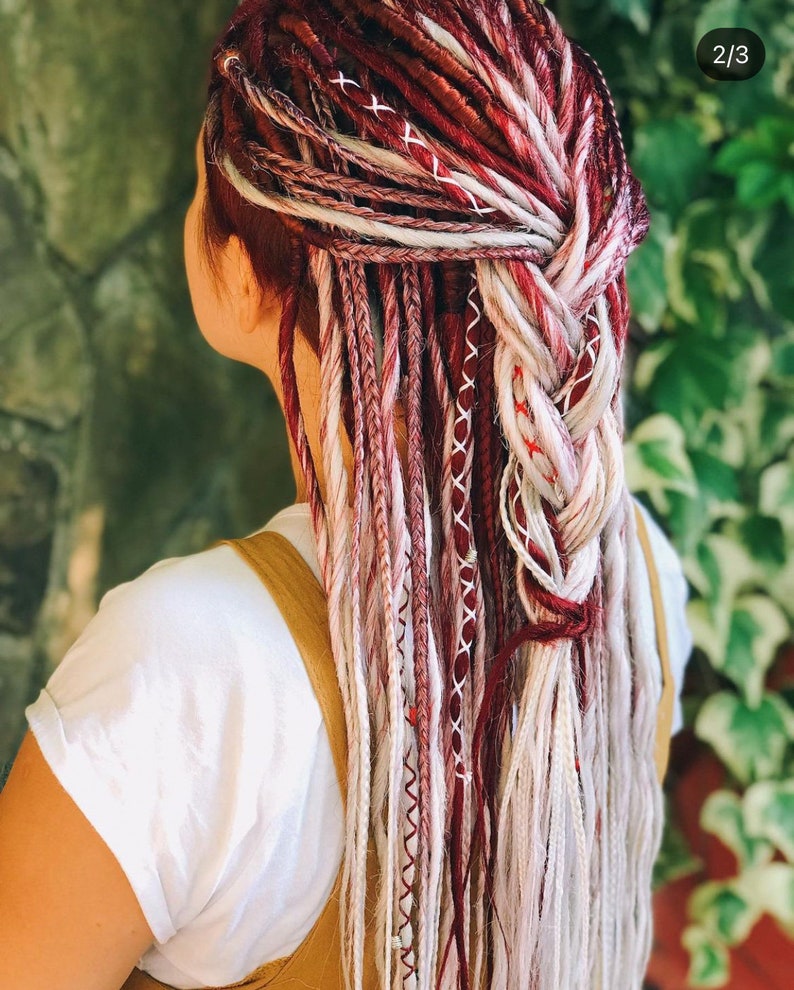 Synthetic dreads,burning man set , ombre wine color and white smooth dreadlocks extensions SE or DE dreads burgundy cherry color image 1