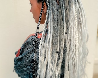 Dreads, Sugar Mountain Set, Synthetic Crocheted Dreadlocks and Braids, Dready Waves, Black and White Ombre with Accessories, Boho Hairstyle