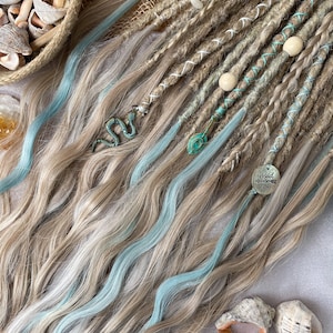Synthetic dreads, Miami girl set , natural ash blonde and light blue, crocheted dreadlocks extensions with a strand of loose hair at the end