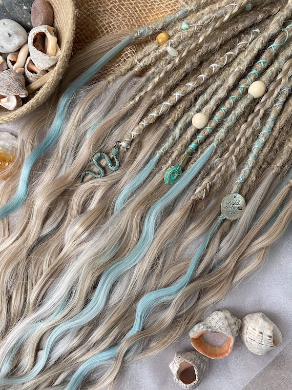 Synthetic Dreads Miami Girl Set Natural Ash Blonde and Light Blue Crocheted Dreadlocks Extensions With a Strand of Loose Hair at the End Etsy