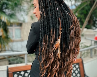 Synthetic Dreads, Juju set, natural black, reddish brown Crocheted dreadlocks extension with long loose ends, with accessories, bohemian