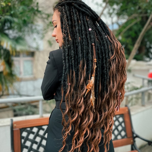 Synthetic Dreads, Juju set, natural black, reddish brown Crocheted dreadlocks extension with long loose ends, with accessories, bohemian