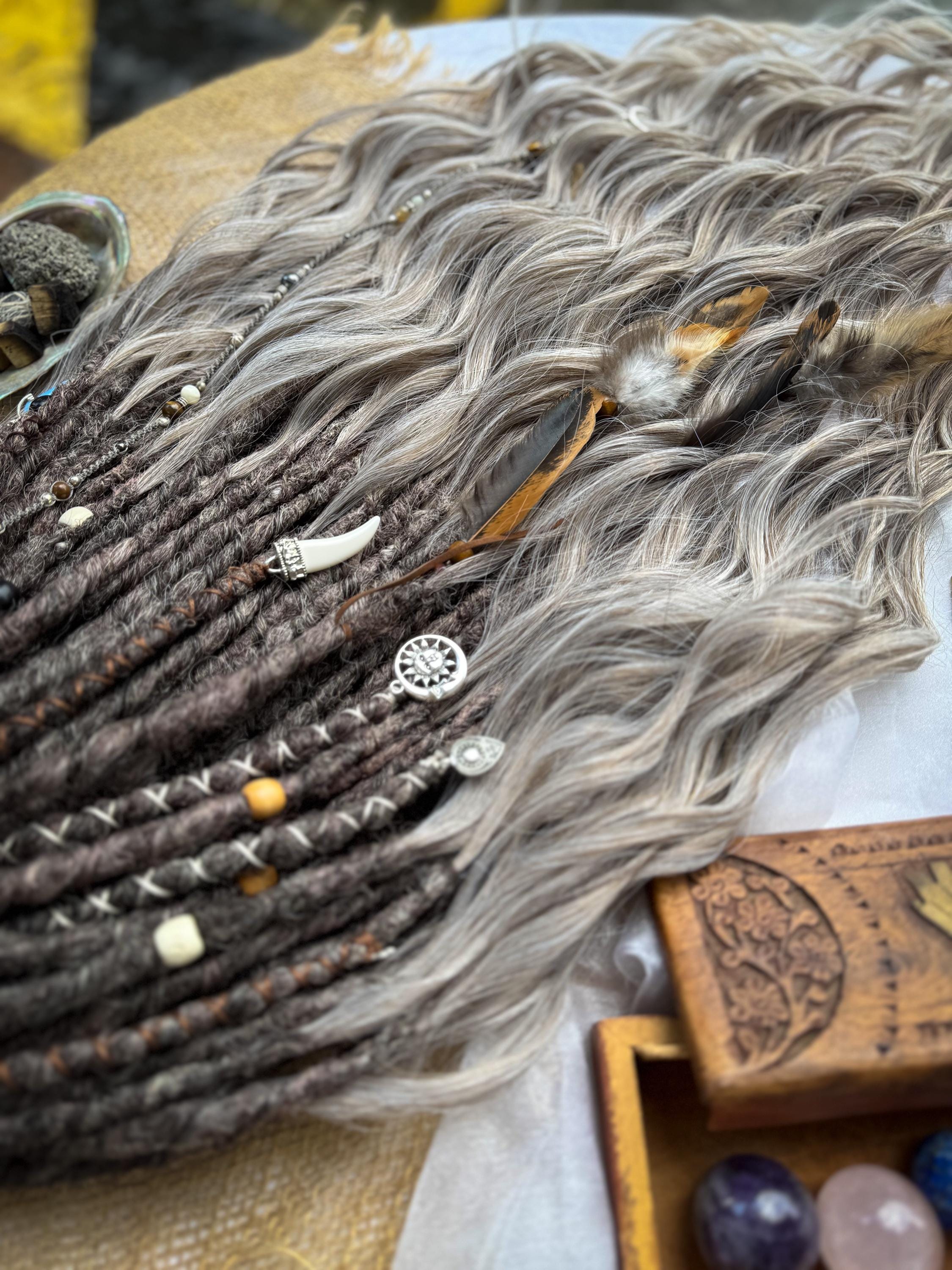 Synthetic Dreads, Niagara falls set, ash brown, silver blond Crocheted dreadlocks extension with long loose ends, with accessories, bohemian