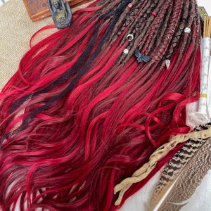 Synthetic Dreads, Alchemy Set, Red, Burgundy and Cherry Crochet Dreadlocks with a Boho Section of Flowing Hair at the End, SE or DE