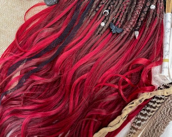 Synthetic Dreads, Alchemy Set, Red, Burgundy and Cherry Crochet Dreadlocks with a Boho Section of Flowing Hair at the End, SE or DE
