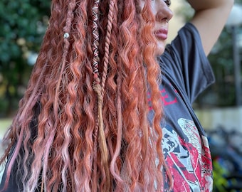 Synthetic Dreads, Wild flower set, reddish,copper, rose gold, pinkish dreadlocks with accessories, colorful dreads, pendants,hair wrap, boho