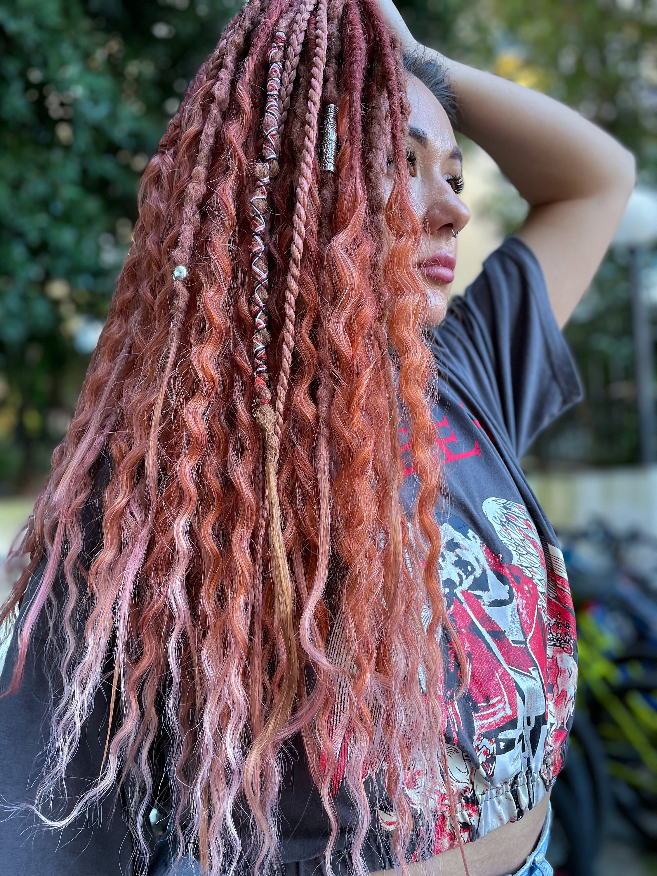 Synthetic Dreads, Wild flower set, reddish,copper, rose gold, pinkish dreadlocks with accessories, colorful dreads, pendants,hair wrap, boho